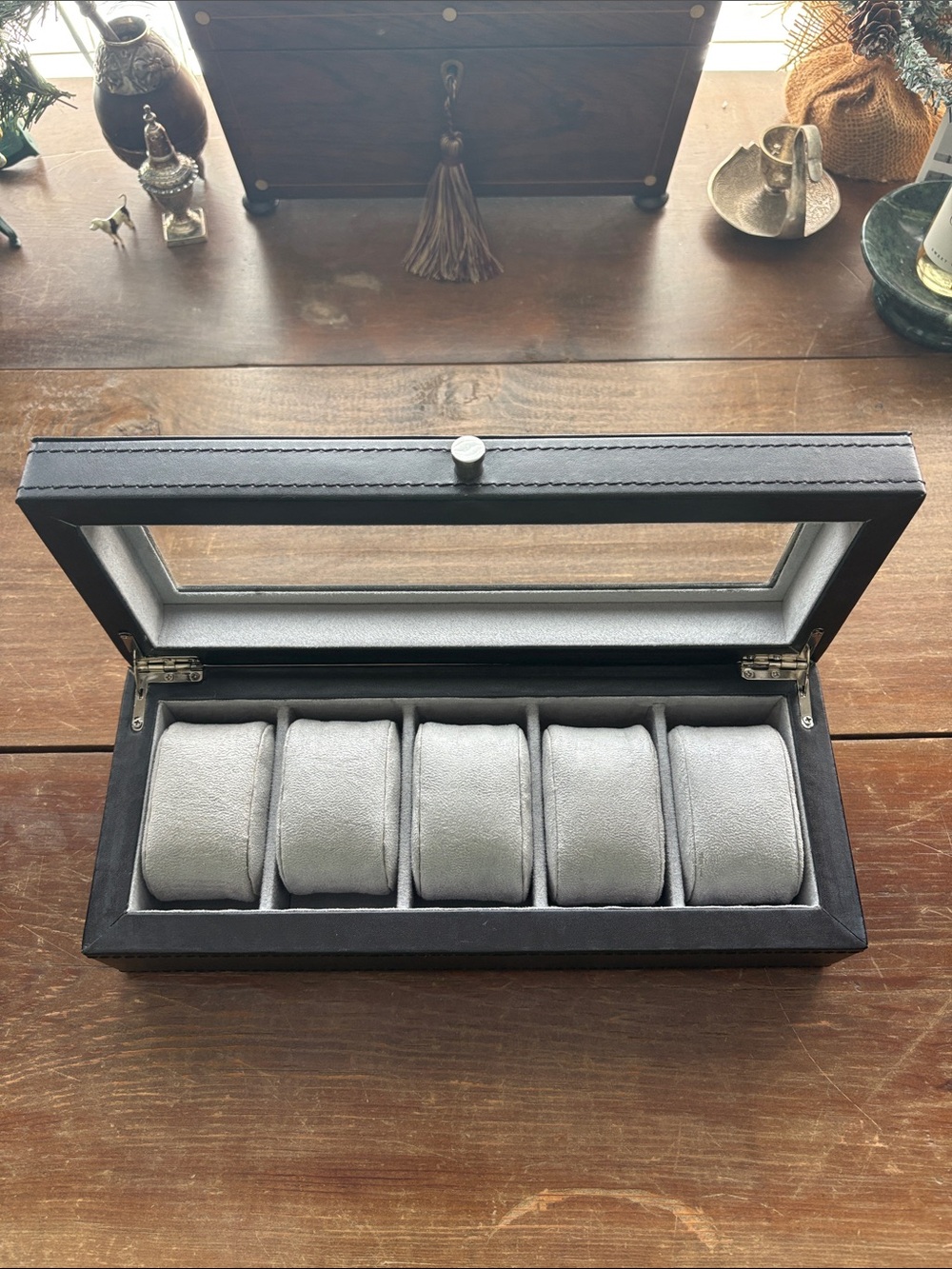 Pottery Barn Black Leather Watch Display Case with Gray Cushions - 5 Slots